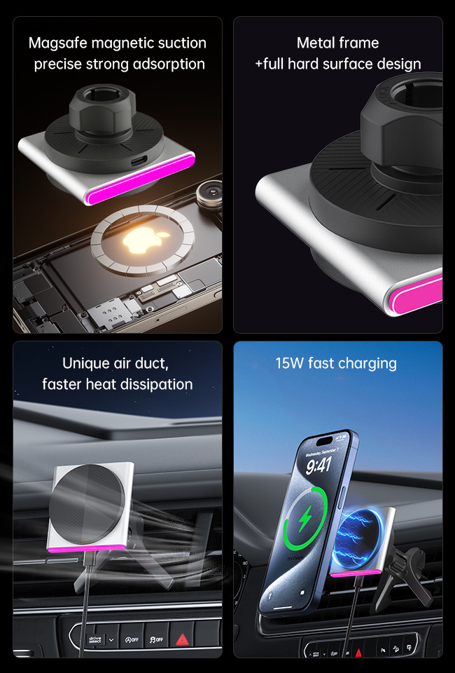 Metal Magsafe Wireless Charger For Cars 9-Color RGB Light Effect One-Hand Operation 360-Degree Rotation