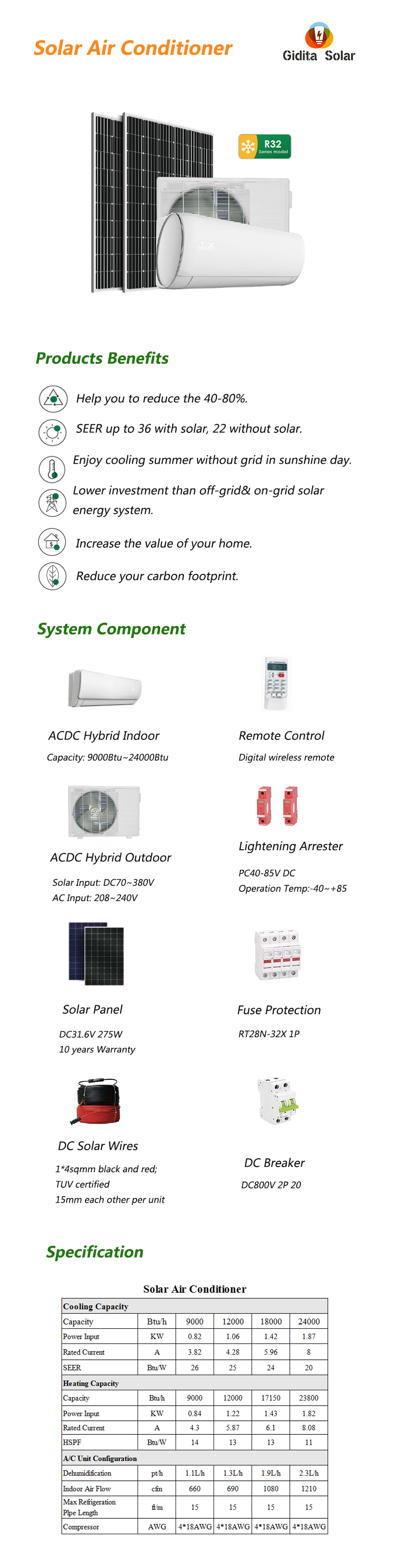 18000Btu Solar Power Air Conditioner AC/DC Hybrid Inverter with Capacity btu 18000Btu
