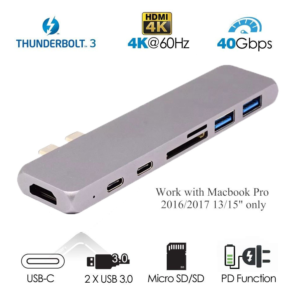 USB C Hub for New MacBook Pro 2016, 2017, 2018, 13" & 15" only, Thunderbolt 3 Aluminum Dual USB Type C 2-port USB C 3.0