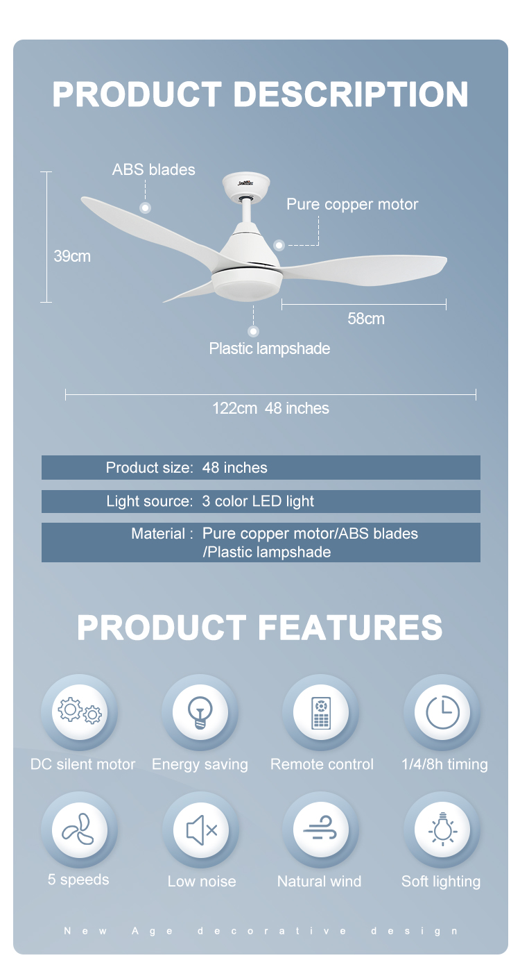 3 Color LED Light Source Ceiling Fan with Energy Saving DC Motor and White Blades
