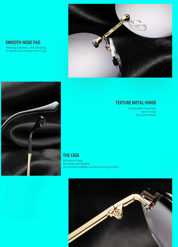 Colorful Gradient Lens Rivets Fashion Rimless Women Sunglasses