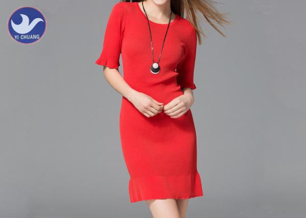 Mini Red Womens Knitted Dresses , Cowl Neck Short Sleeve Jumper Dress Frill