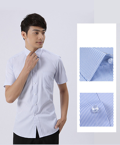 Summer Blue Striped Custom Business Shirts Short Sleeved Shirt For Male / Female