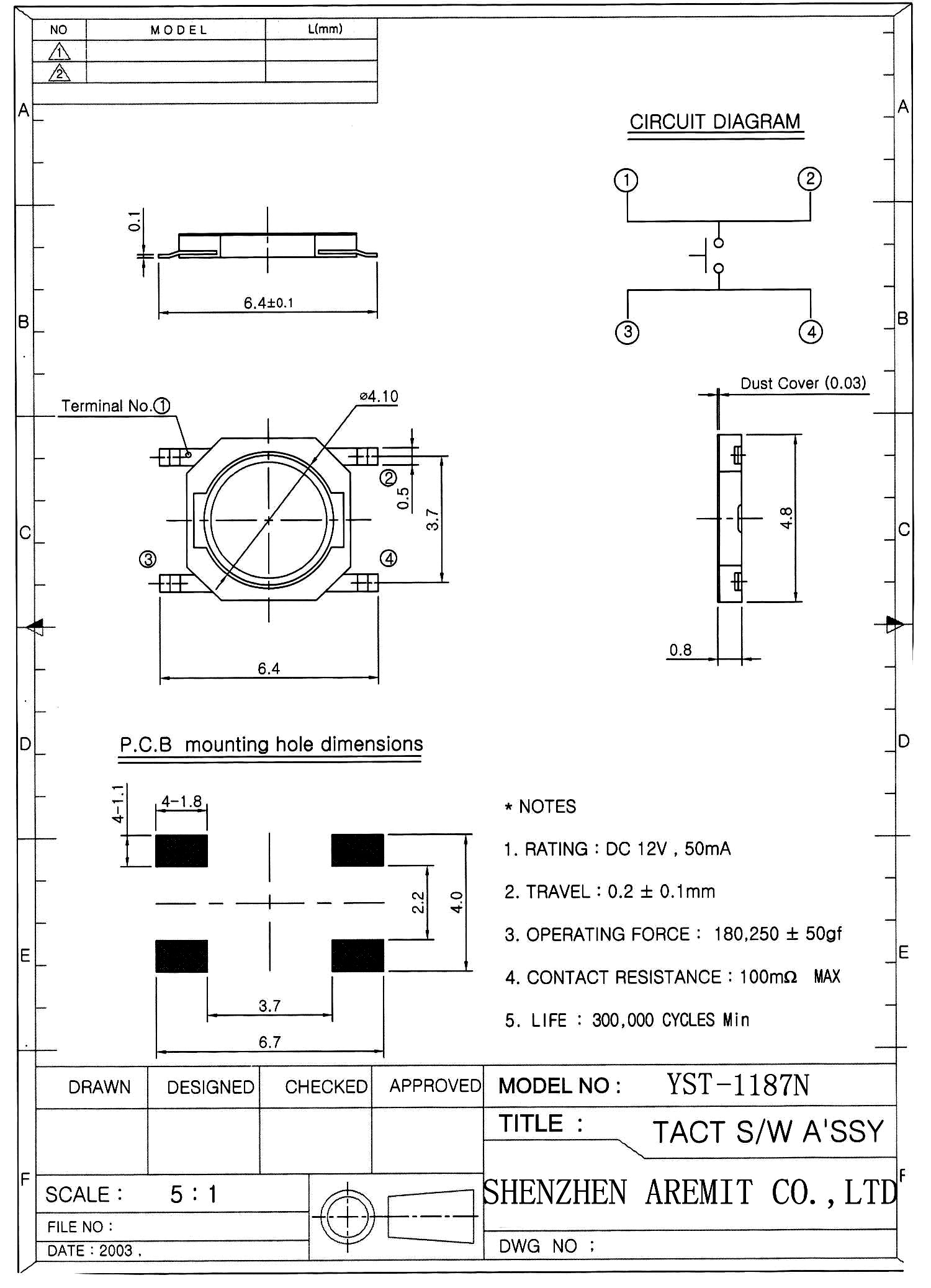 Smt Tact Switch YST-1187N