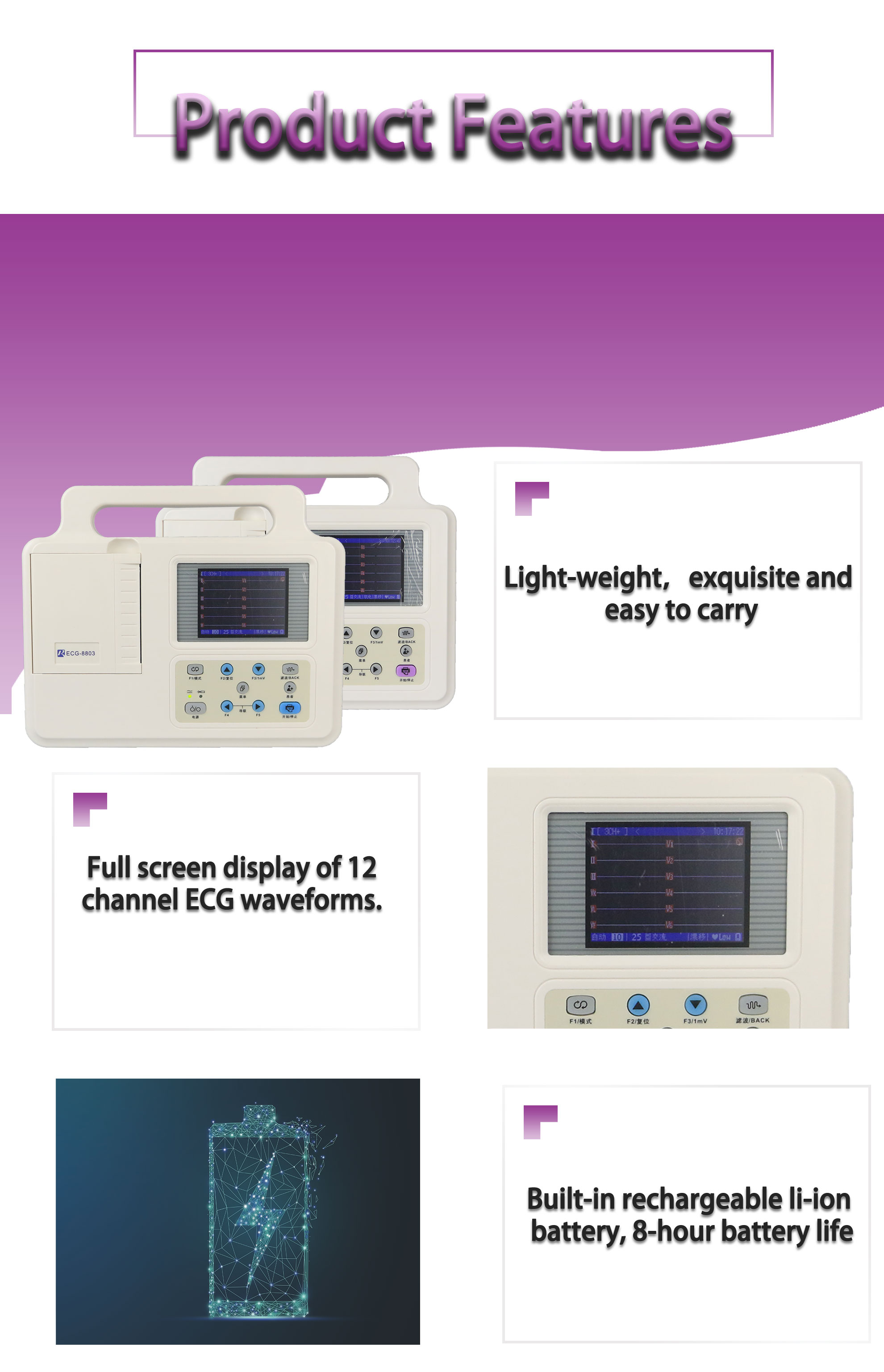 12 Channel ECG Waveforms Portable Medical ECG Machine 3.5 Inch ECG Machine With Leads