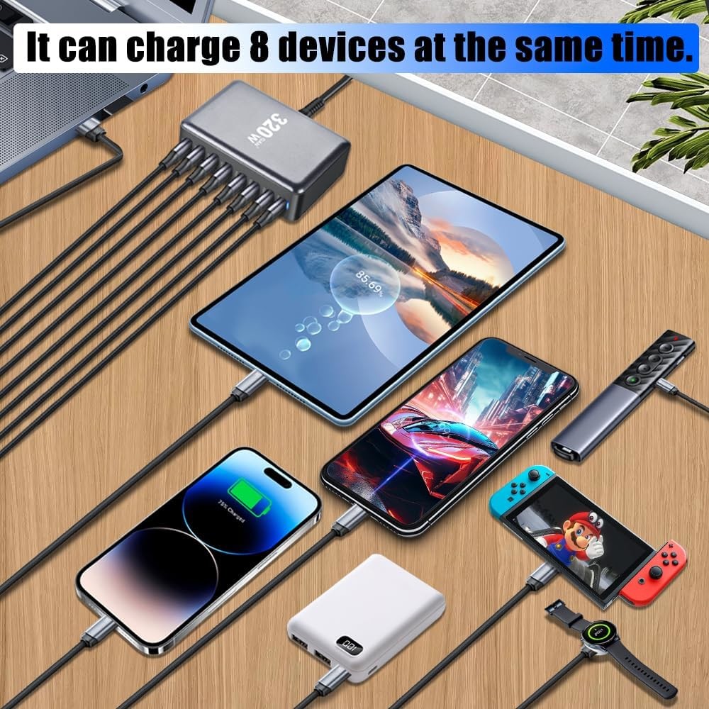 Multi Port Desktop GaN Charger 320W Fast Type C 100W 45W PD 20W For Laptop