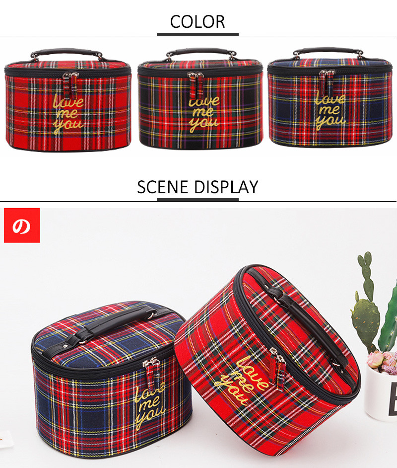 Korean Style Custom Print Logo Grid Cylinder Cosmetic Bag