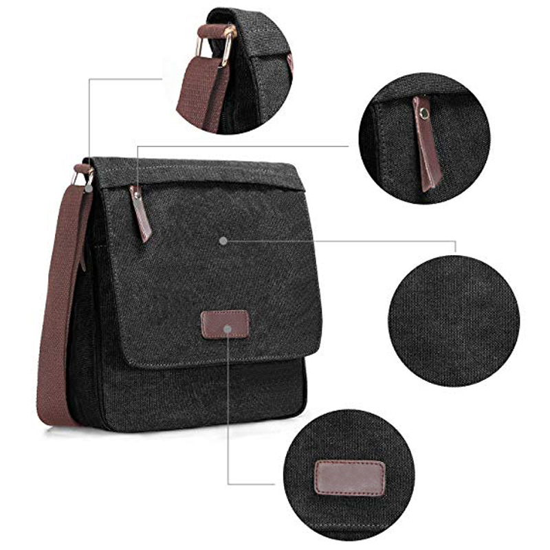 Black Shoulder Tote Bag Zippered , Long Strap Canvas Bag Strip Design Reusable
