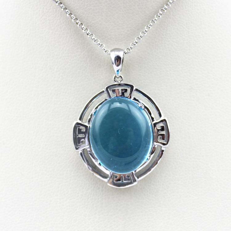 Sterling Silver Oval Dome Created Blue Topaz Cubic Zirconia Pendant Silver Chain (PSJ0359)