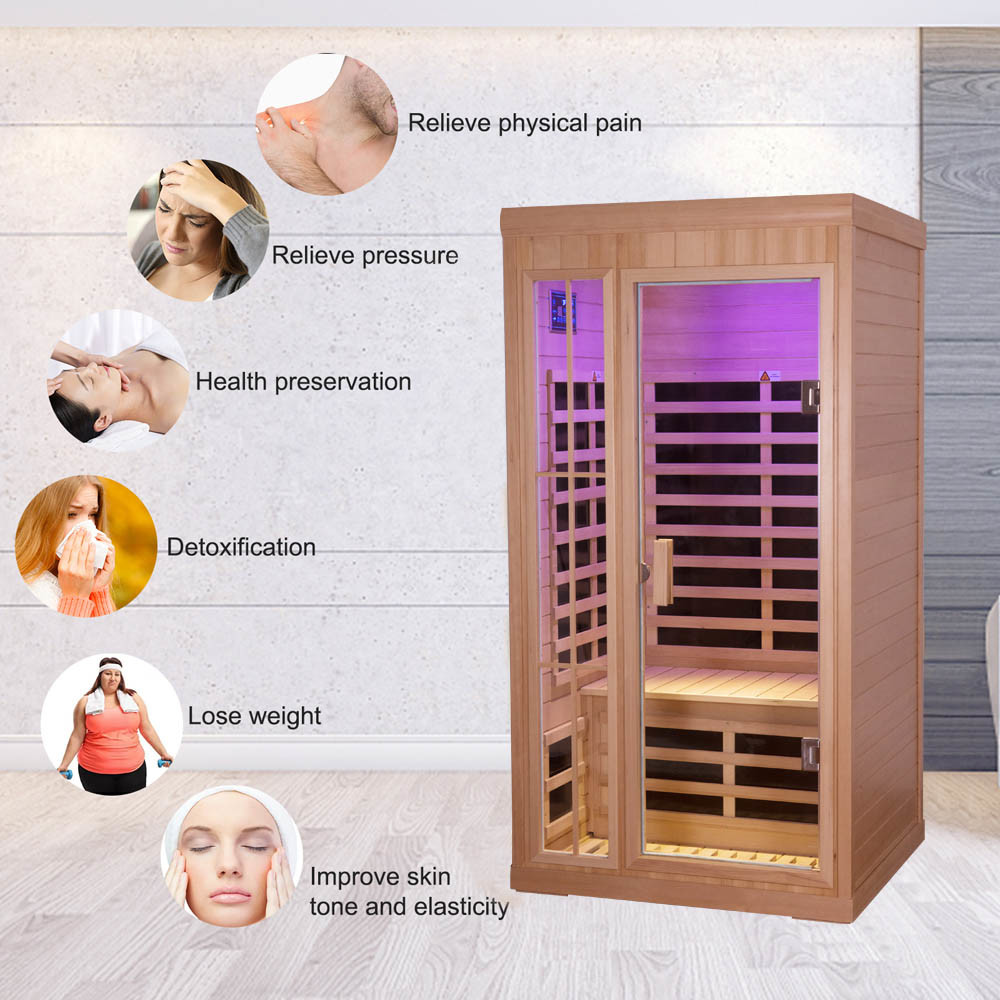 Deluxe 1 Person Steam Room Solid Wood Personal Sauna Room Infrared With LED Color Lights