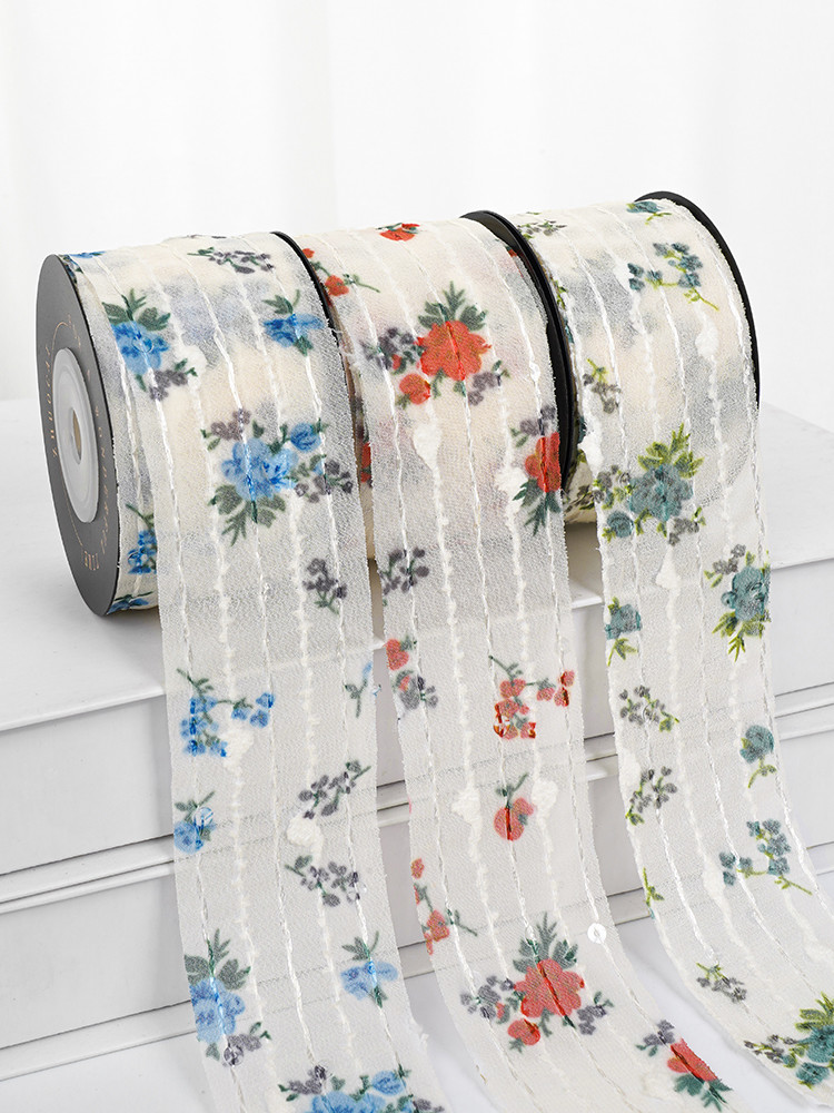 Flower Printed Personalized Organza Ribbon 4cm Flora Ivory Organza Ribbon