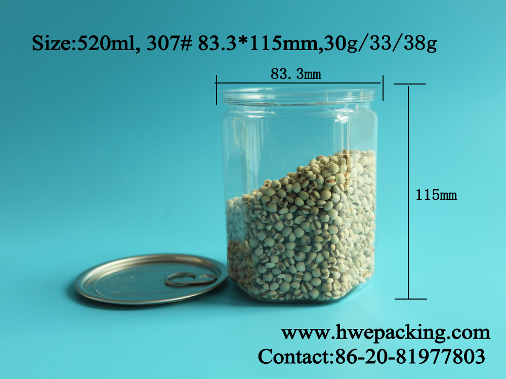 Hexagonal 520ml Bpa Free Easy Open PET Empty Plastic Can For Food Bulk Packaging