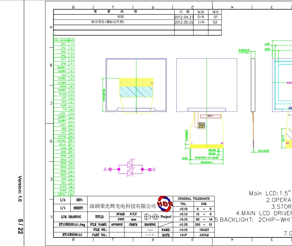 1.5 Inch TFT LCD Display with 480*240 Resolution LED Backlight Type High Brightness 160cd/m2