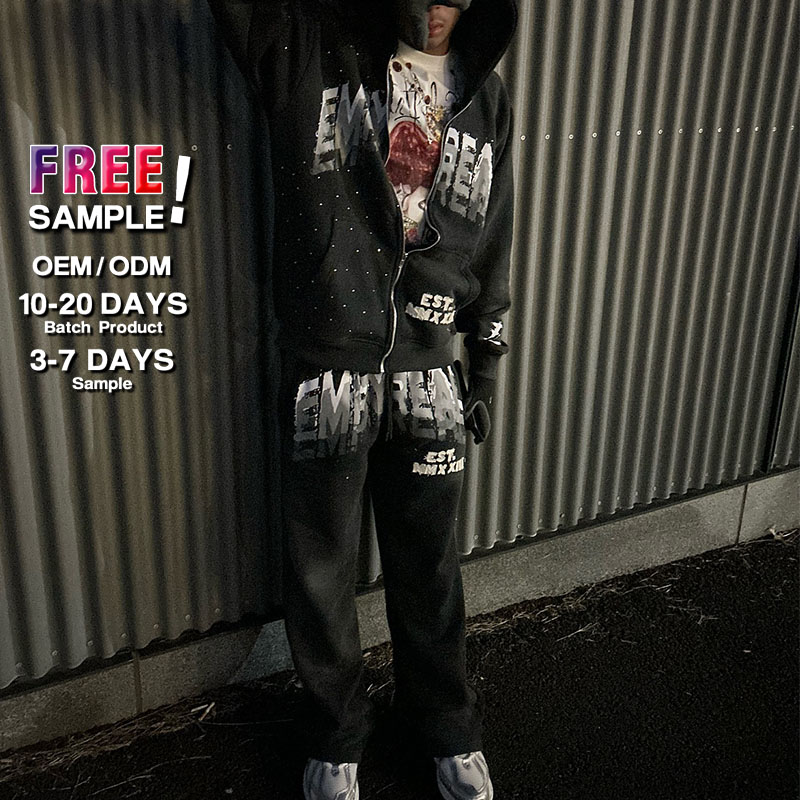 Custom Full Face Zip up Hoodie Screen Print Logo Rhinestone Sweatsuits Acid Wash Stacked Flared Sweatpants and Hoodie Set