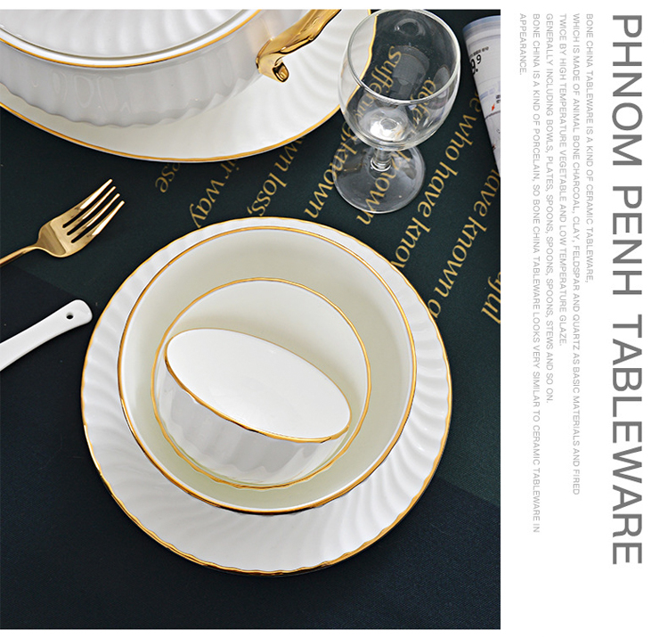 Gold line White Bone china embossed tableware Wedding Ceramic charger plate Dinner plate dish bowl mug coffee cup freely
