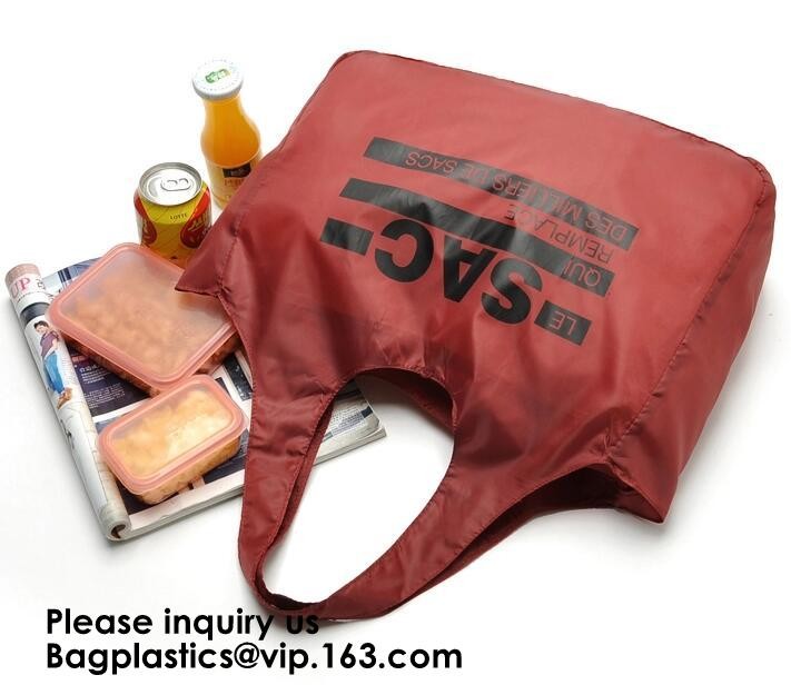 Printing Logo Polyester Handled Foldable Tote Bag With Snap Closure Foldable Bag Pocket Folding Nylon Shopping Bag
