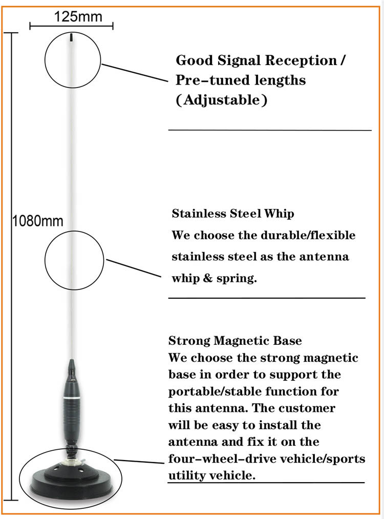 Pure Copper Element Outdoor CB Mobile 868mhz Antenna Stainless Steel Whip