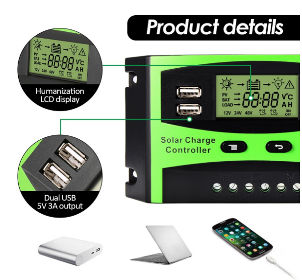 Manual 10A 50A 60A 20A 30A PWM Solar Charger Controllers 24V 12VDC Output Bulb