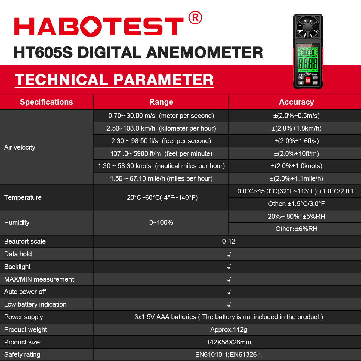 HT605S Digital Anemometer Air Flow Wind Speed Meter LCD Backlight Professional 3 in 1 Thermometer Hygrometer Anemometer