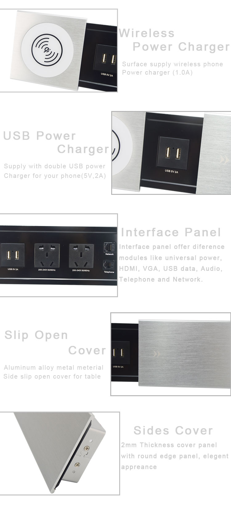Wireless charger office sliding table power socket box with usb charger