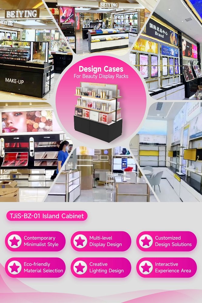 TJiS-BZ-01 3mm Gold Mirror Organic Board Skincare Display Cabinet with LED Strips