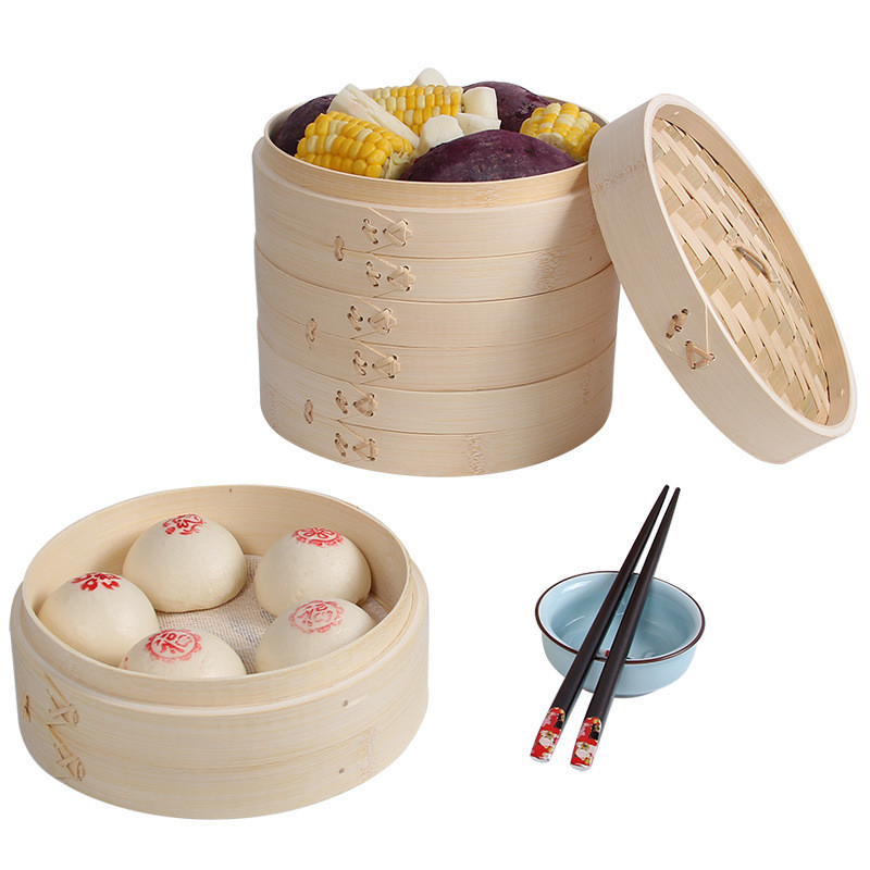 Custom Dim Sum Bamboo Steamers , Two Tier Bamboo Steamer Kitchen