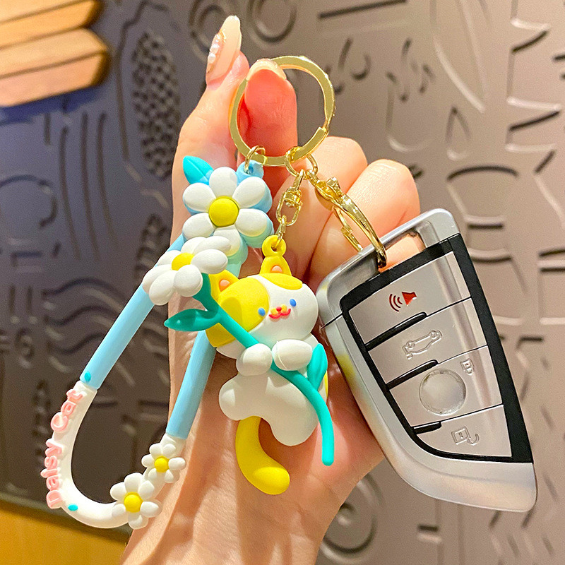 Customized Silicone Keychain Accessory Cat Flower Cute Cartoon Soft Silicone Keychain Charms