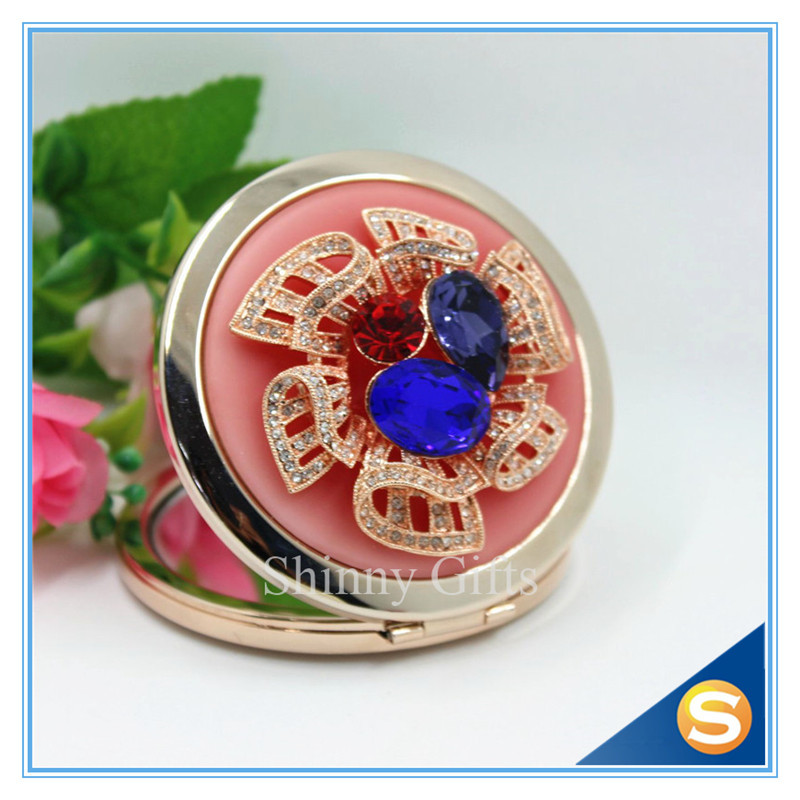 Shinny Gifts Luxury Crystal Cosmetic mirror Round Shape Metal Pocket Mirror