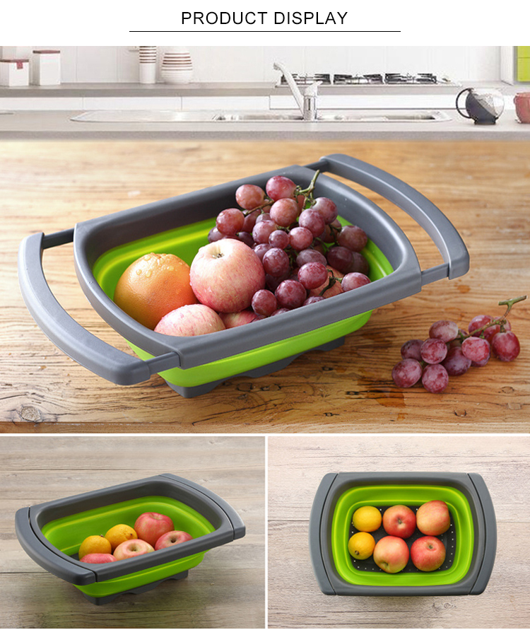 Collapsible Over the Sink Silicone Colander With Long Handle Kitchen Folding Strainer