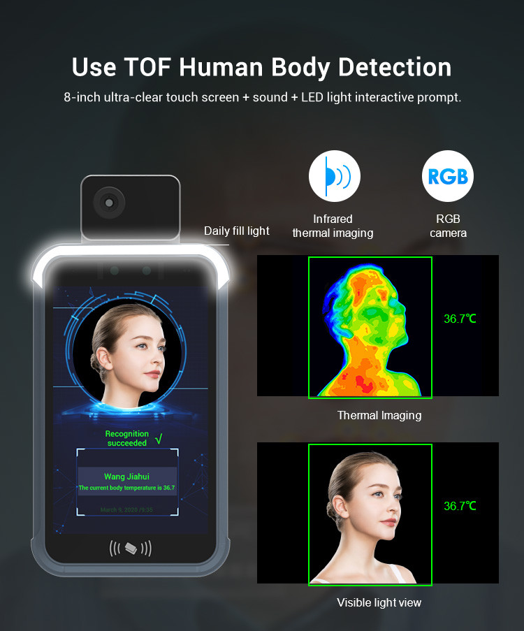 Yecon Face Recognition Temperature Device , 8" Android Body Temperature Detector Machine