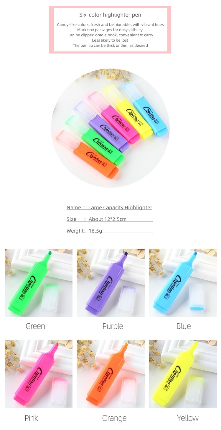 Six Color Fluorescent Highlighter Pen Large Capacity Marker Pen Coloring Marking