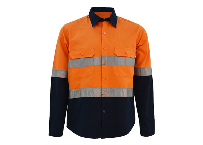 Durable Orange/ Navy Safety Work Clothes Reflective Work Shirts No Pilling