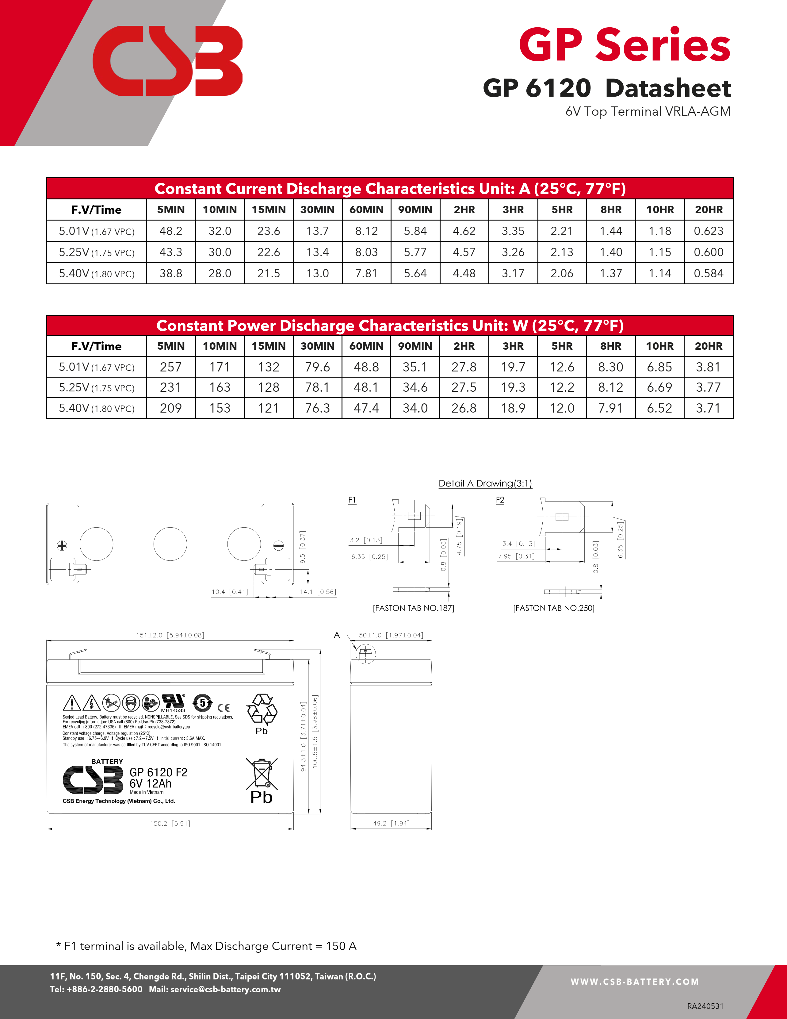 CSB GP6120 6V 12Ah Maintenance-Free Valve Regulated Lead Acid Battery