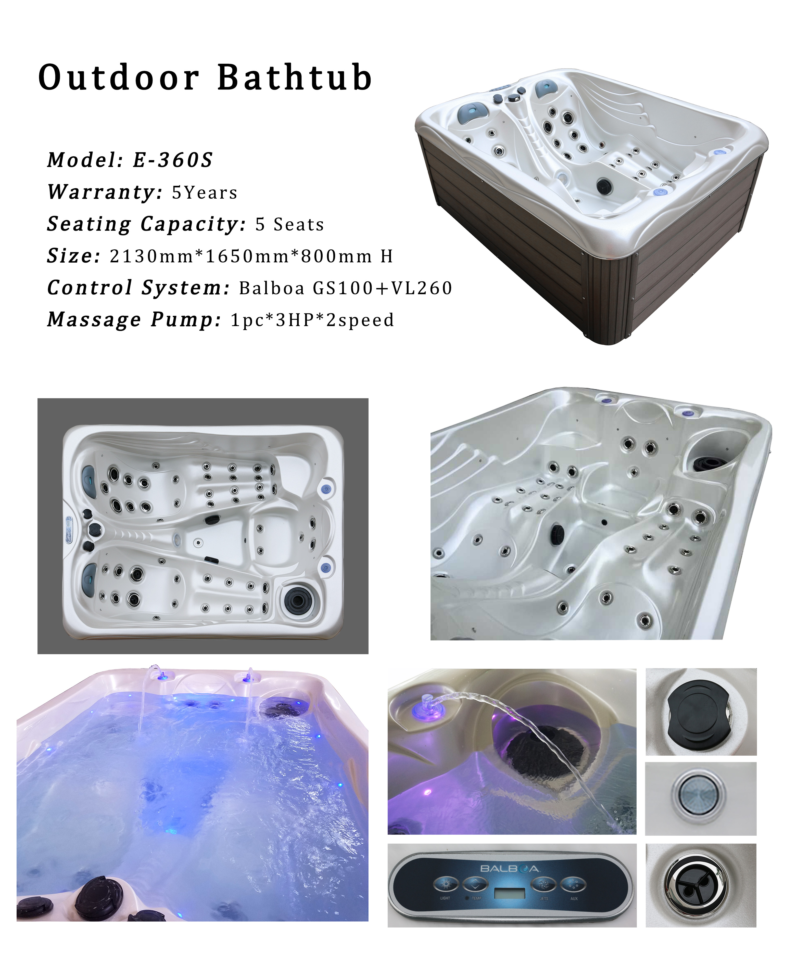 Home Outside Mutil Funtion Waterfall Whirlpool Massage Hot Tub
