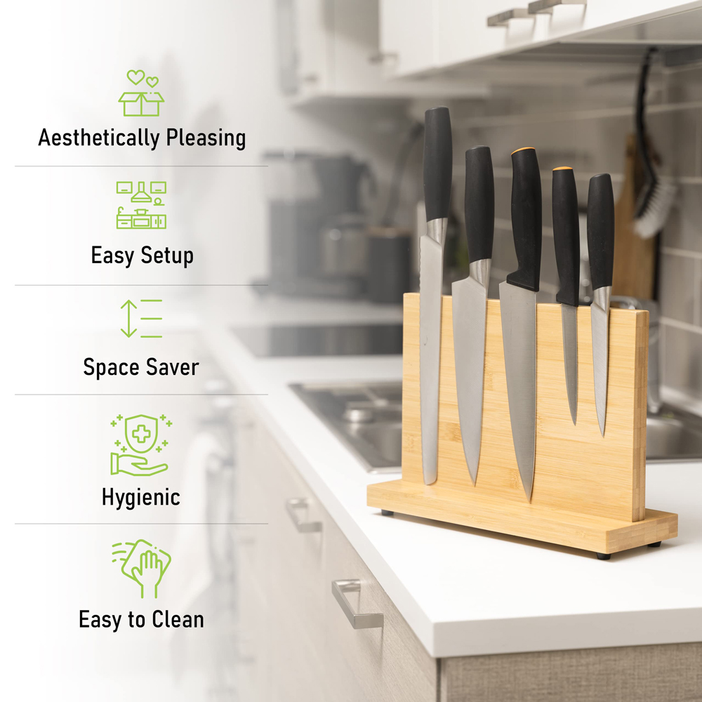 Permanent Magnet Bamboo Knife Holder for Kitchen Counter Nature Bamboo Block Design