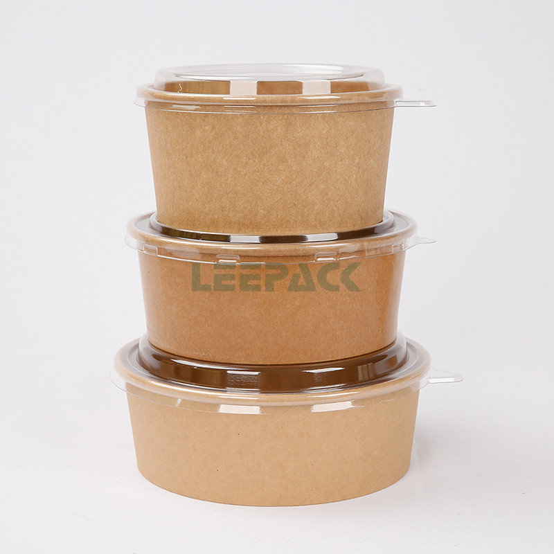 Custom LOGO Printing kraft paper bowl 500ml 1000ml 1300ml take-away food container for salad noodles snacks with lids