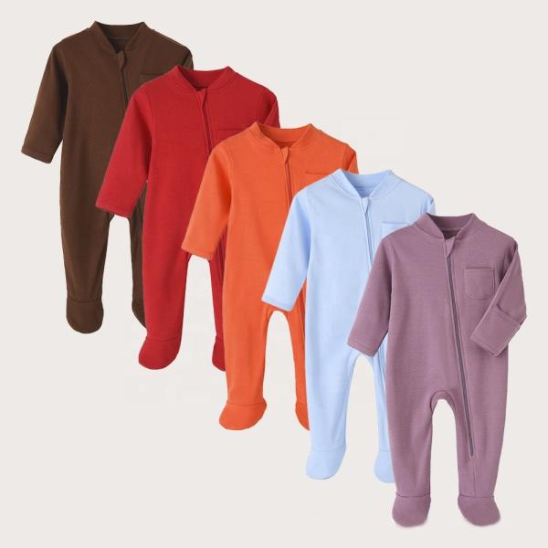 Good Quality Custom 100% Organic Cotton Baby Footie zipper Onesie Jumpsuit Low