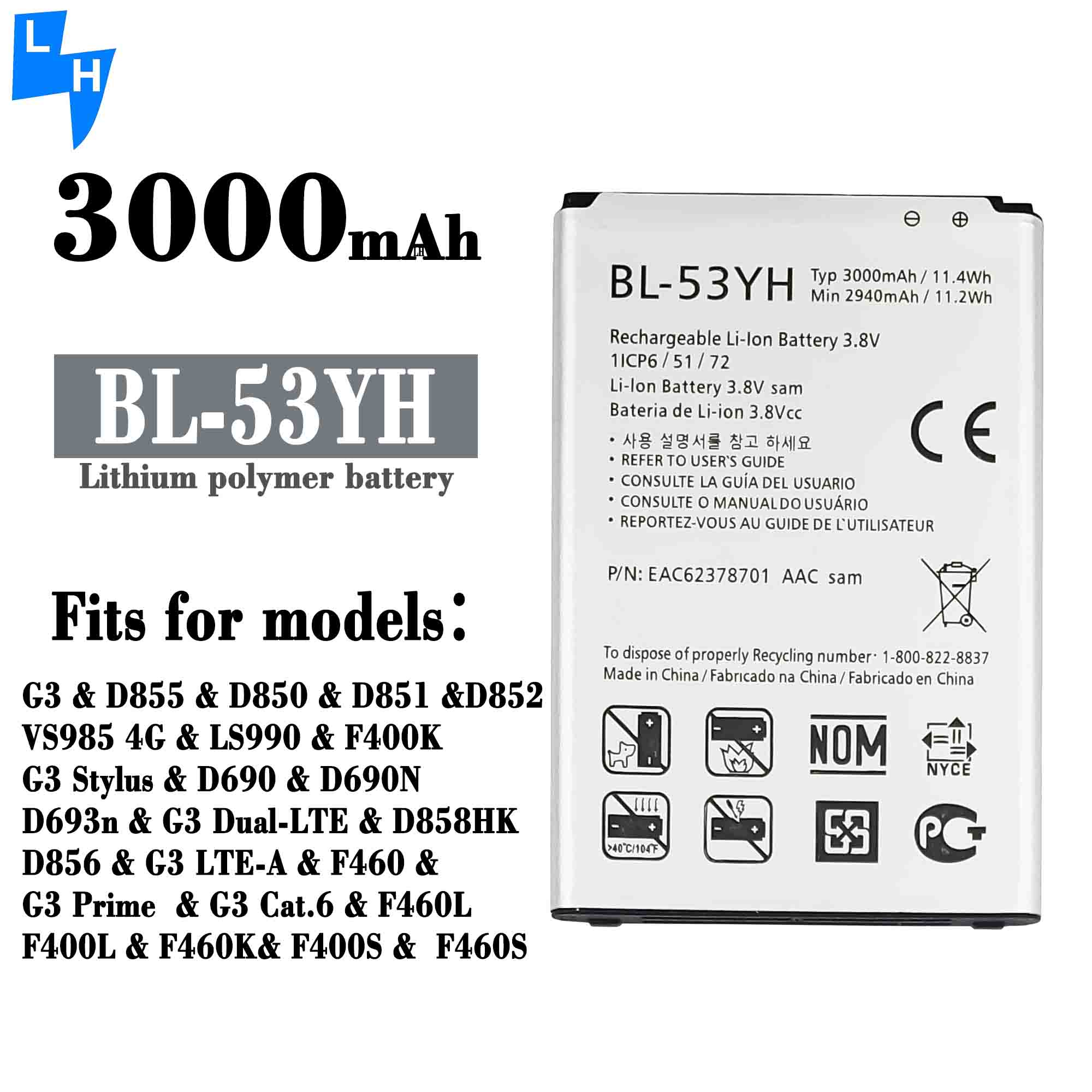Double IC Protection 3000mAh BL-53YH D851 D852 D855 Mobile Phone Battery for LG LS470