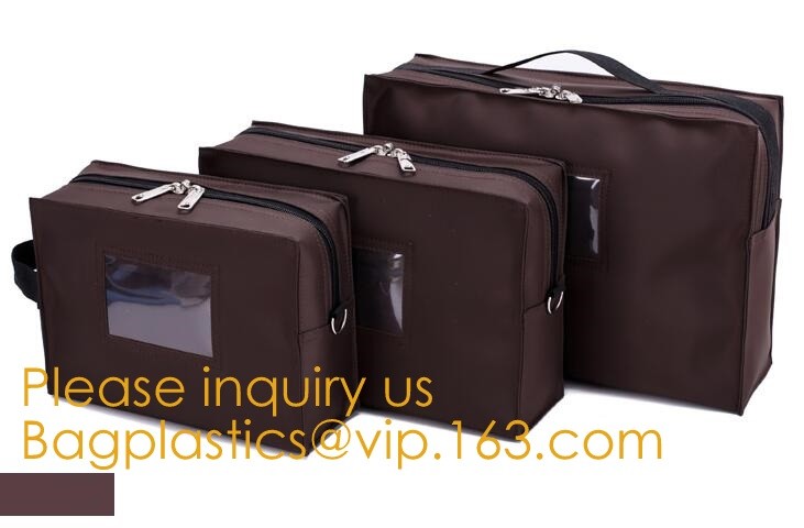 Leatherette Money Security Deposit Bag With Framed ID Window,Custom zipper file folder bag PU leather pouches deposit ba