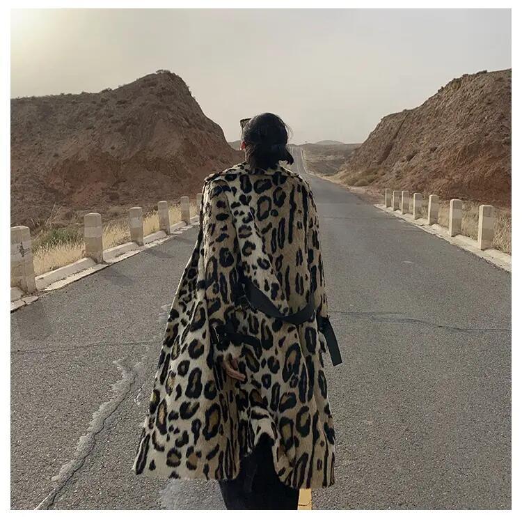 Long Faux Fur Leopard Trench Coat Trimmed Fur for Women in Winter Fur Long Line Leopard Print Winter Jacket