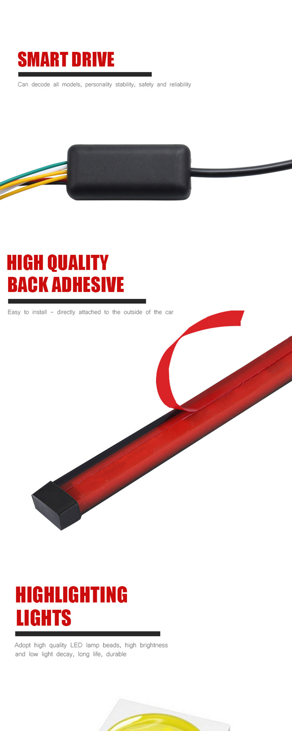 Flexible Red Flashing Car Headlight LED Tube Strip Third Brake Light Rear Tail High Mount