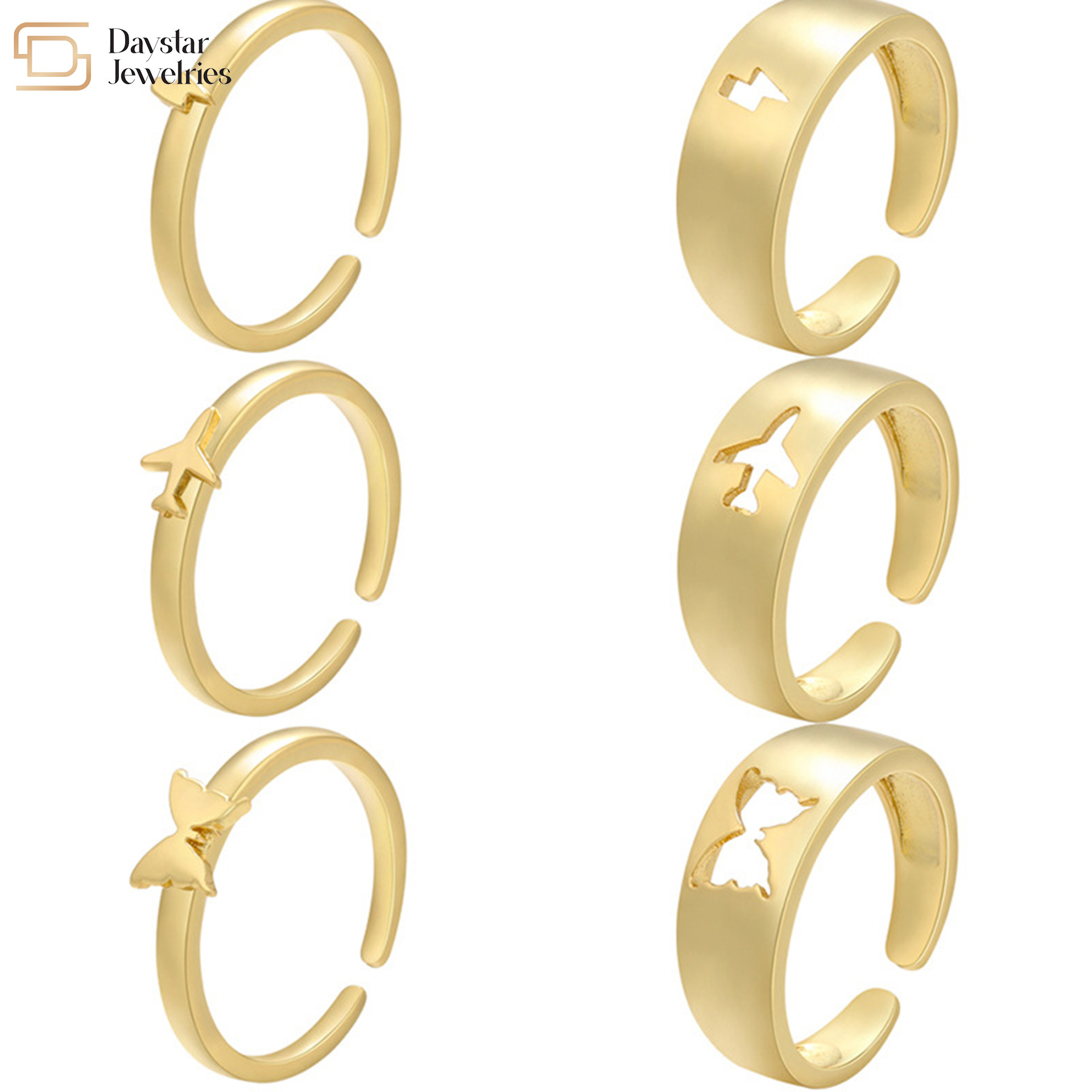 14k Plated Gold Couple Rings Butterfly Lightning Plane Adjustable Opening Rings