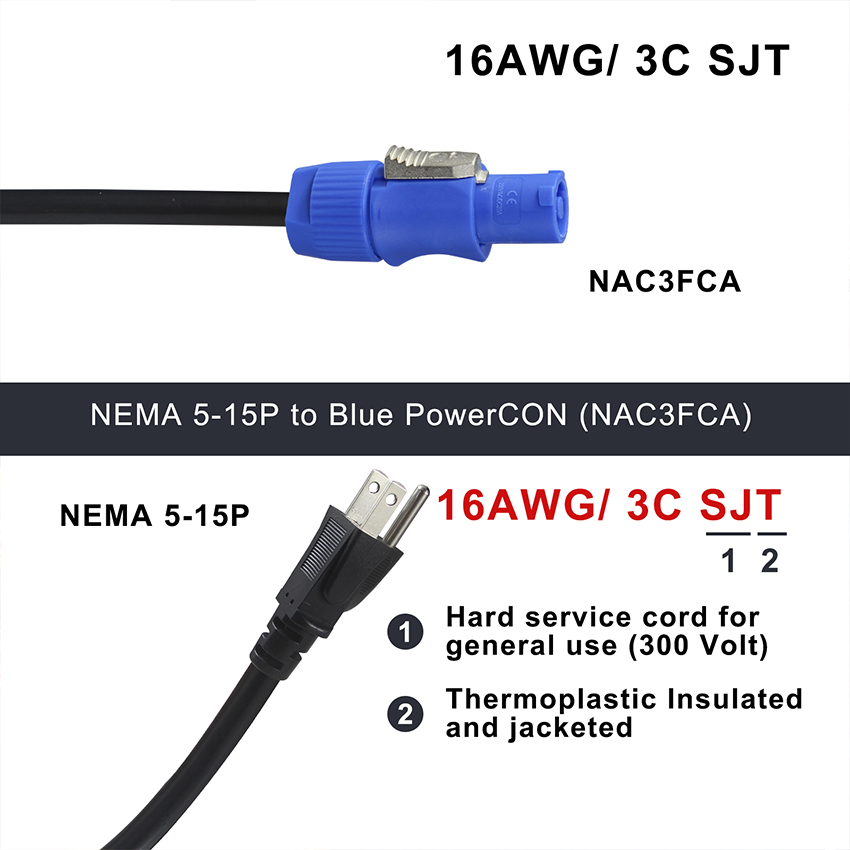 Professional Audio Power Cable NEMA 5-15P to NAC3FCA PowerCON 1m-10m Cable Length SVT 18AWG/ SJT 14AWG/3C