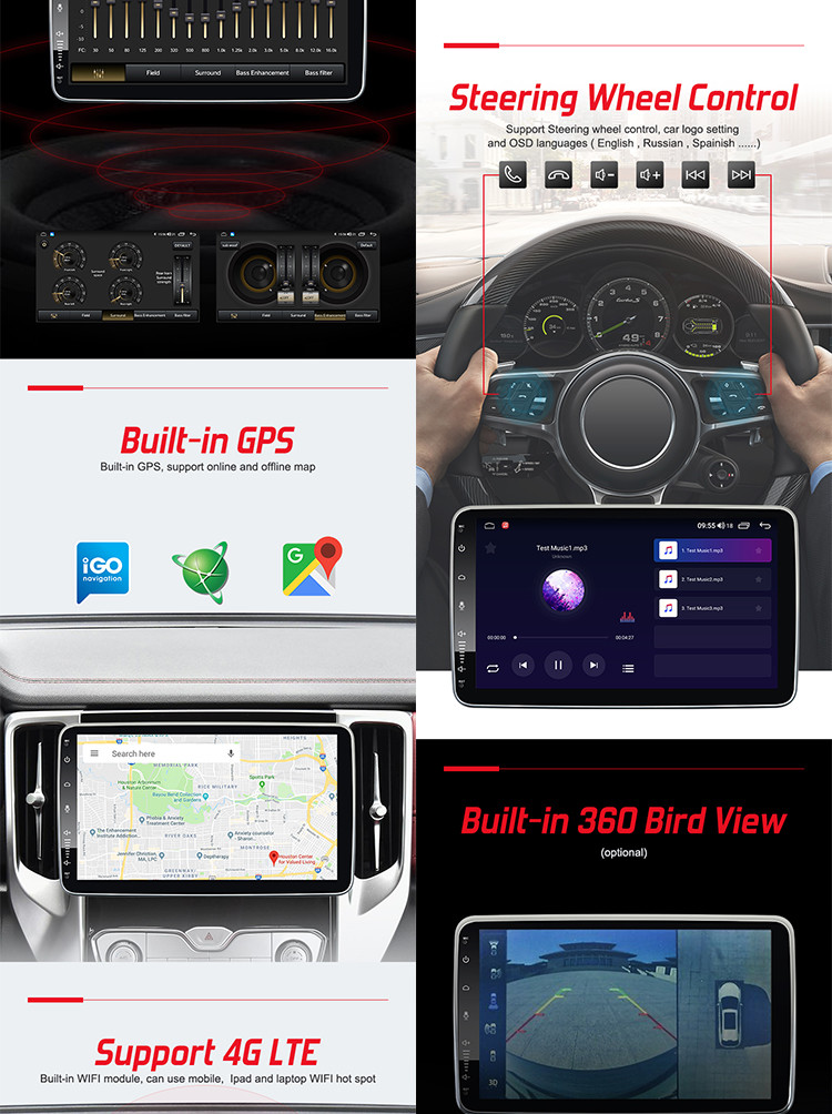8 Core 2 Din Car Stereo , 10.1" DSP Universal Car Radio Rotatable