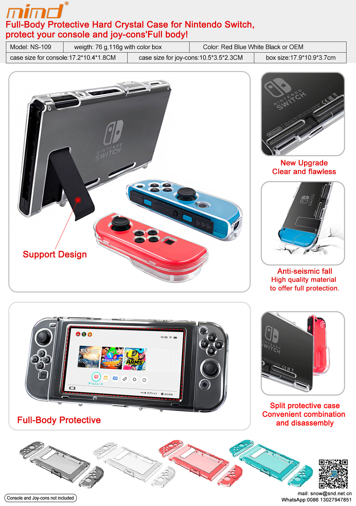 Anti-Shock and Anti-Scratch Crystal Clear Shell Cover Case for Nintendo Switch Console and Joy-cons
