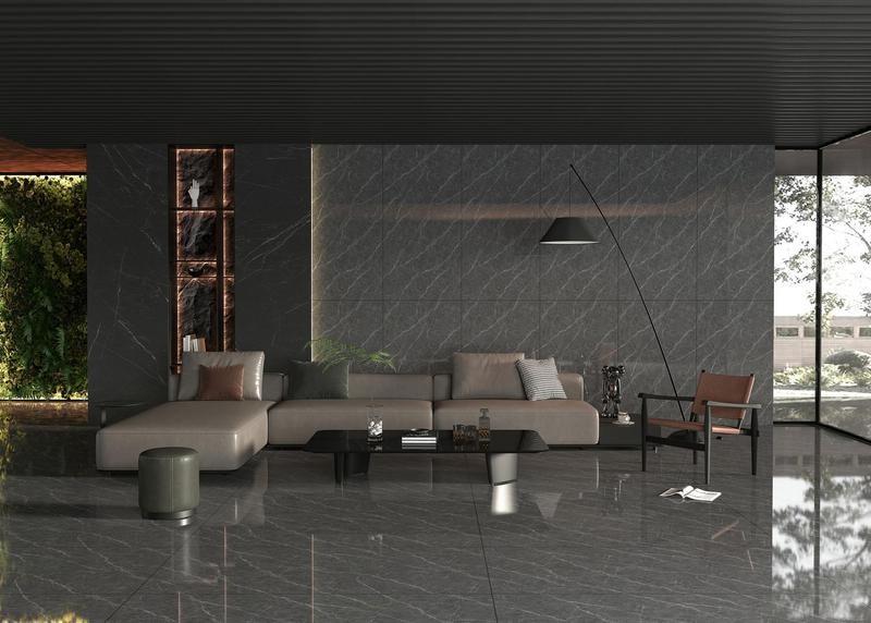 Luxury Black Marble Look W.A0.5% Gray Polished Glazed Porcelain Tile900x1800x9mm Indoor Floor For Interior Design And Decoration