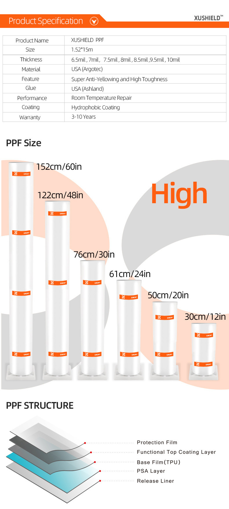 XUSHIELD Manufacturer Wholesale Clear Car Film Self-adhesive Anti-Scratch Self-Healing TPU PPF Paint Protection Film