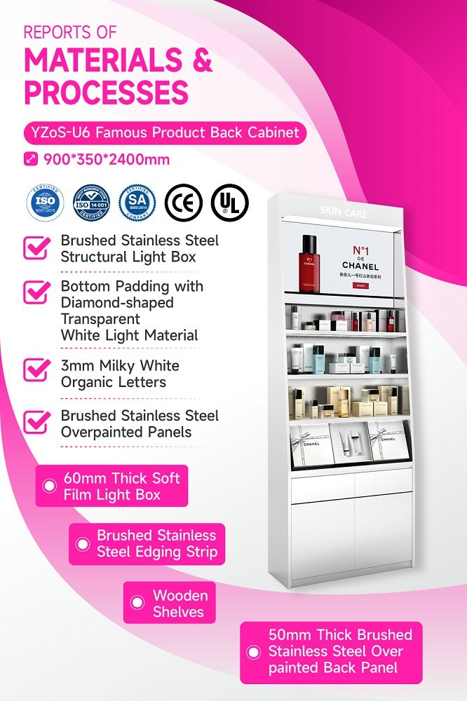 YZoS-U6 60mm Thick Soft Film Light Box Skincare Display Cabinet with Wooden Shelves