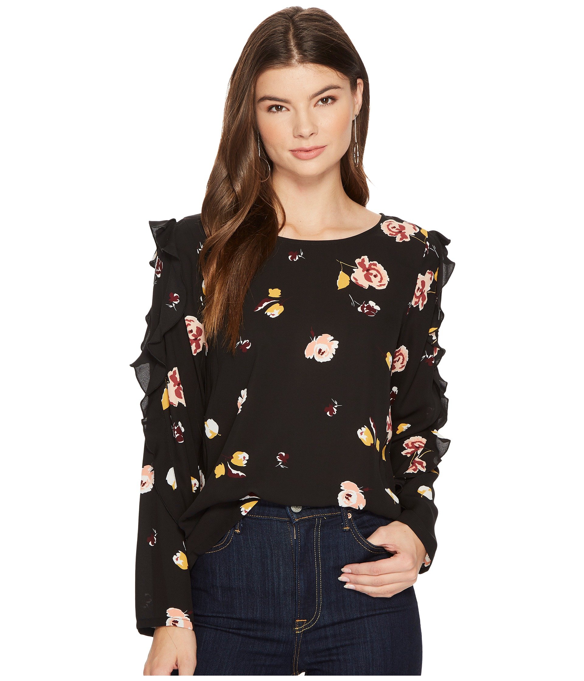 Fall Clothing W Ruffle Long Sleeve Detail Black Blouse Floral Ladies Tops