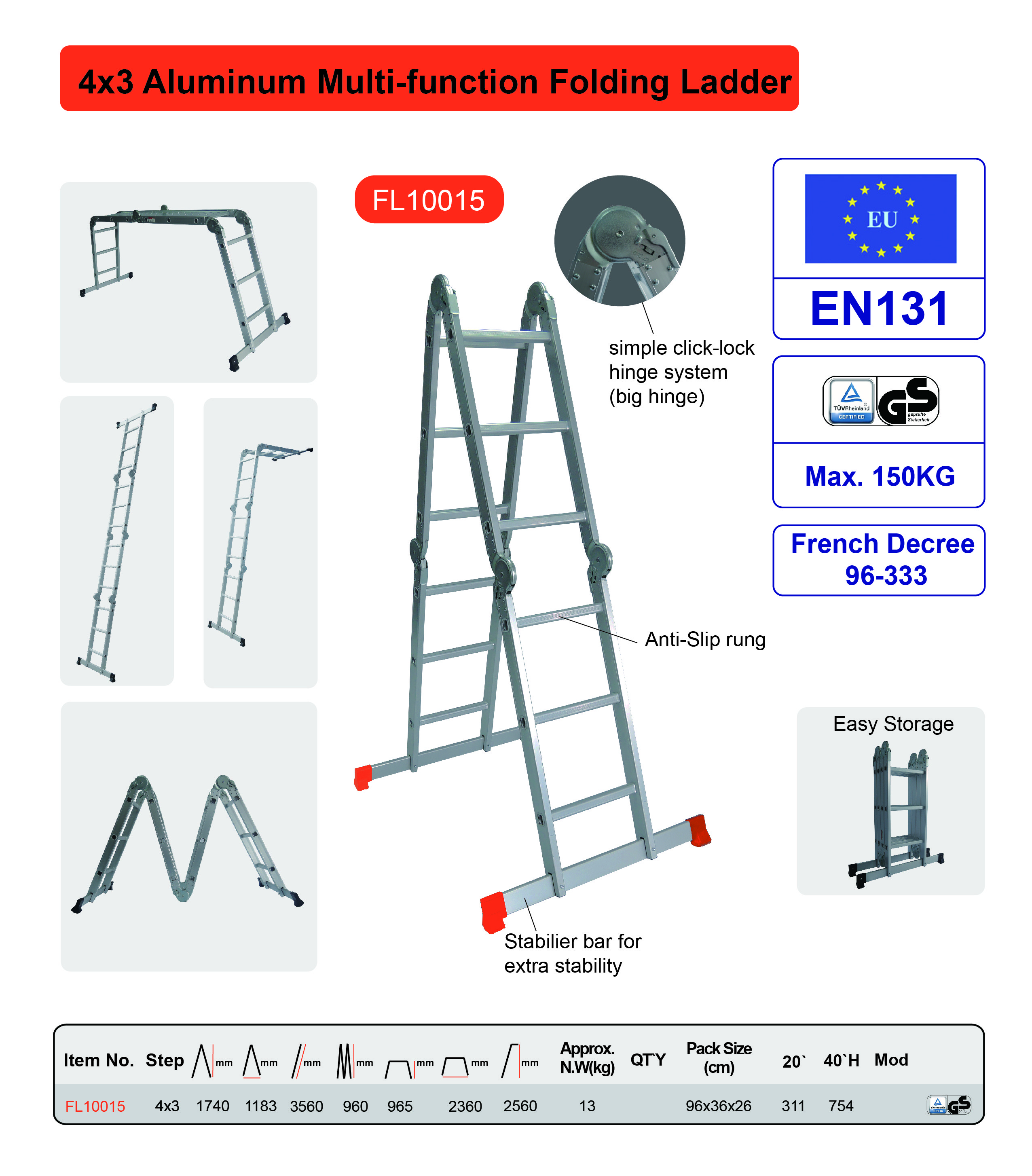 A Frame Durable Foldable Aluminum Ladder 4x3 Easy Storage And Transport